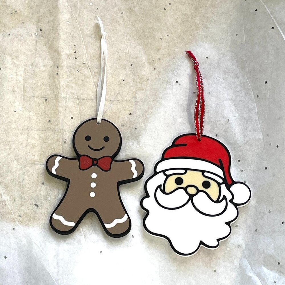 Set of 2 3D Printed Gingerbread Man and Santa Ornaments-New!